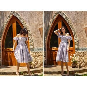 Elegant Off-Shoulder Midi Dress in Purple Floral